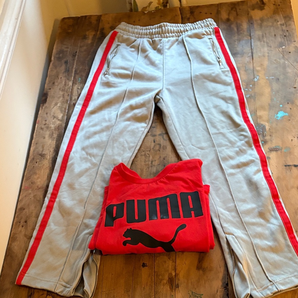 Puma Light Gray Joggers with Red Side Stripes